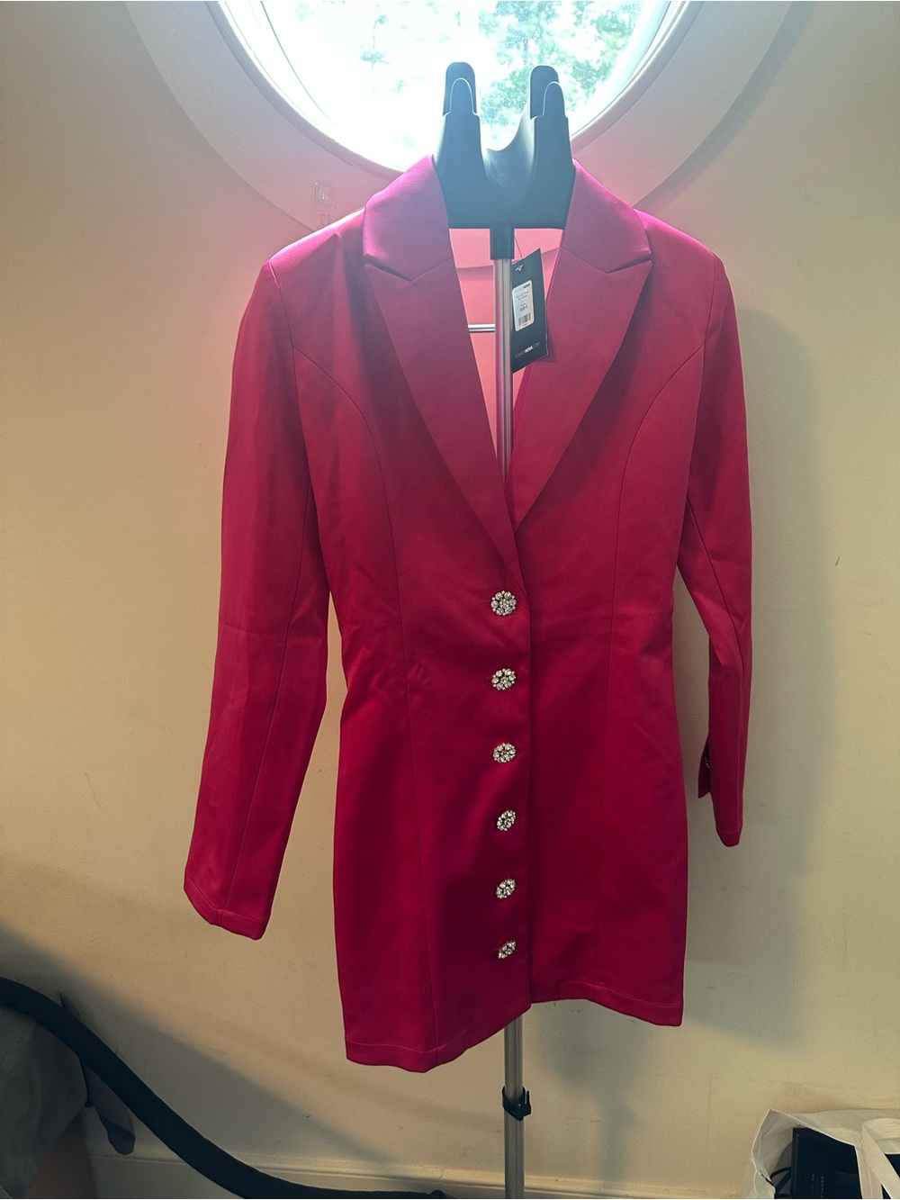 Fashion Nova Hot Pink Longline Blazer with Decorative Gem Buttons